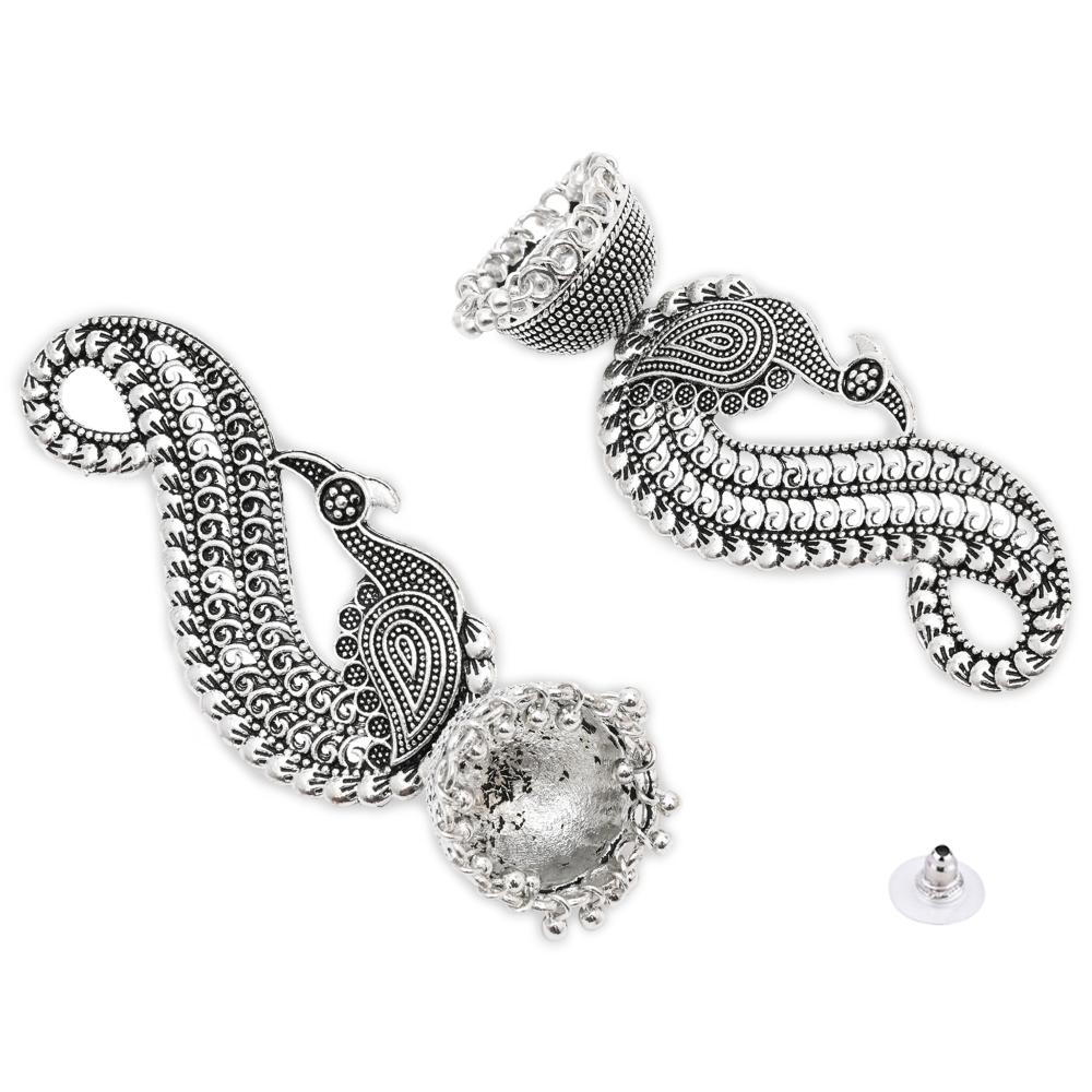 Etnico Silver Oxidised Peacock Afghani Boho Jhumka Earrings For Women (E3283OX)