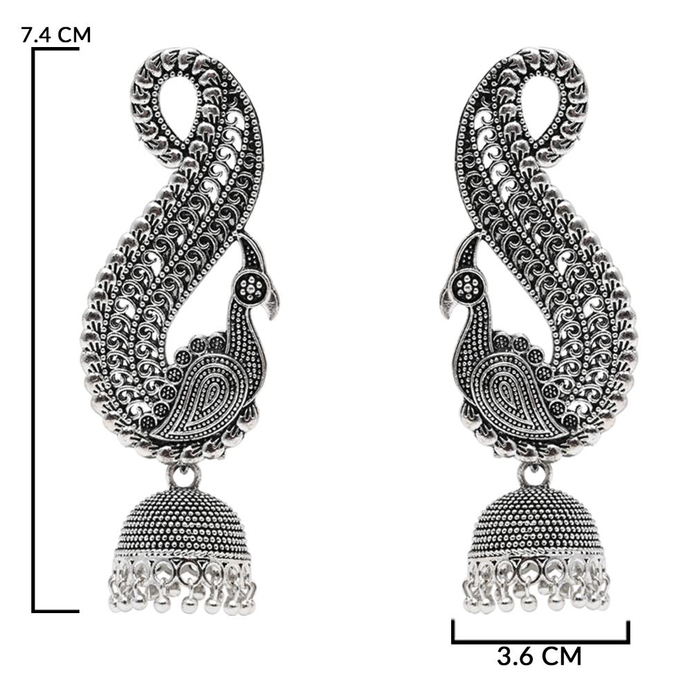 Etnico Silver Oxidised Peacock Afghani Boho Jhumka Earrings For Women (E3283OX)
