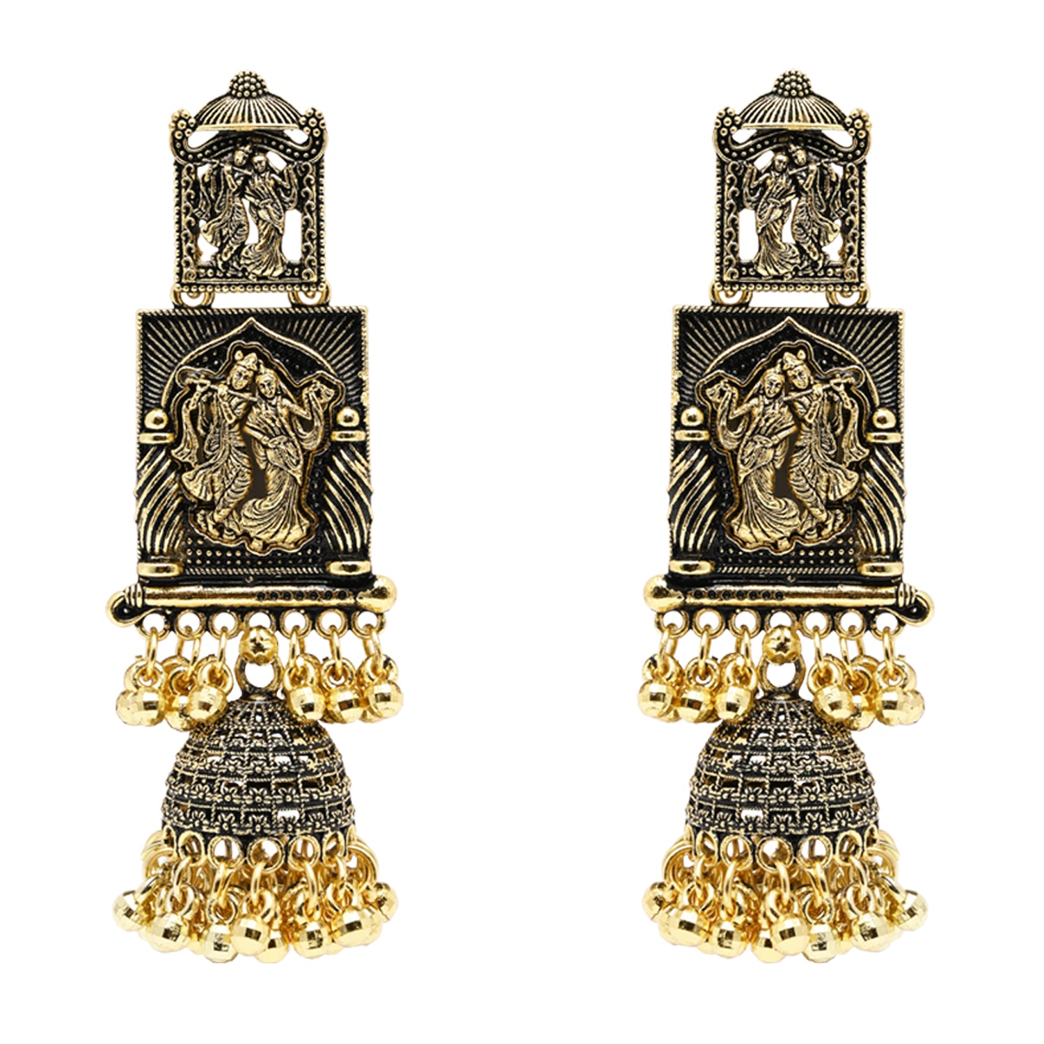 Etnico Gold Plated Traditional Antique Radha Krishna Design With Ghungroo Earrings For Women