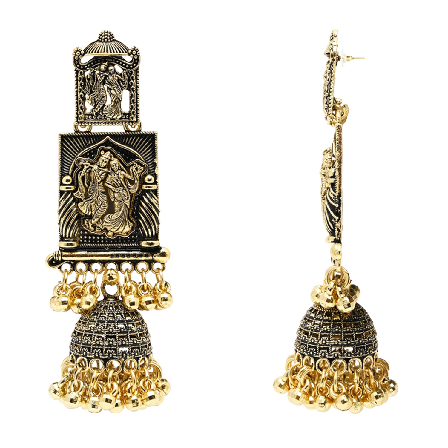 Etnico Gold Plated Traditional Antique Radha Krishna Design With Ghungroo Earrings For Women