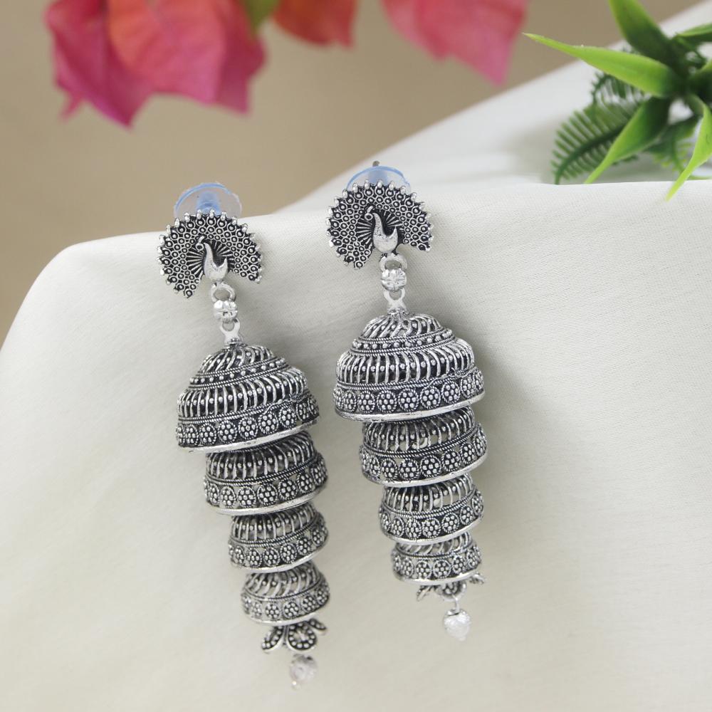 Etnico Silver Oxidised Multi Layered Peacock Jhumka Earring For Women (E3286OX)