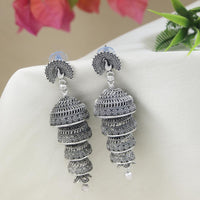 Etnico Silver Oxidised Multi Layered Peacock Jhumka Earring For Women (E3286OX)