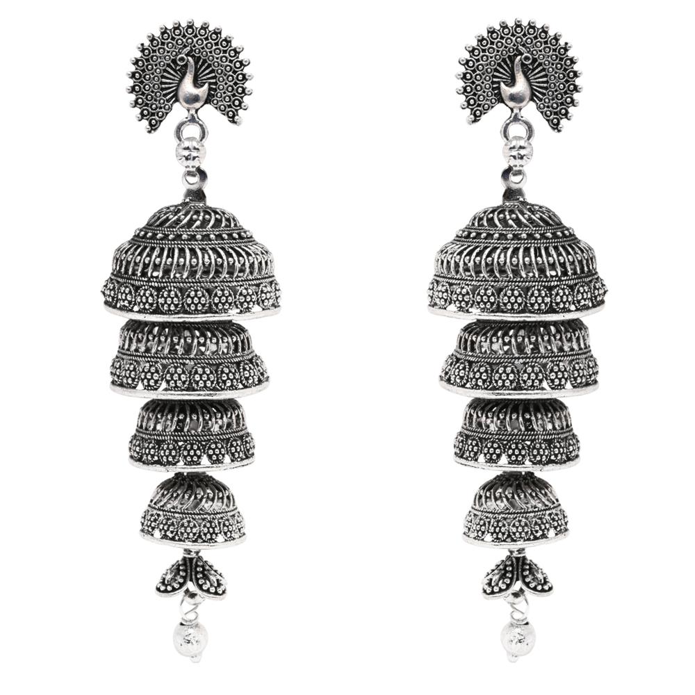 Etnico Silver Oxidised Multi Layered Peacock Jhumka Earring For Women (E3286OX)