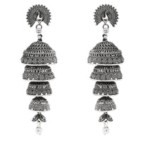 Etnico Silver Oxidised Multi Layered Peacock Jhumka Earring For Women (E3286OX)