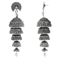 Etnico Silver Oxidised Multi Layered Peacock Jhumka Earring For Women (E3286OX)