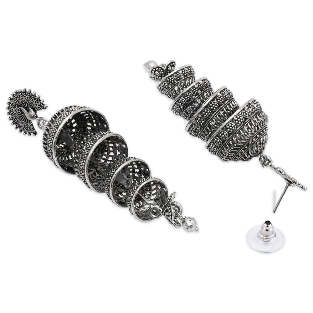 Etnico Silver Oxidised Multi Layered Peacock Jhumka Earring For Women (E3286OX)