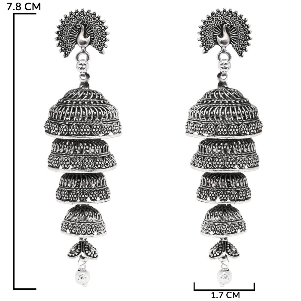 Etnico Silver Oxidised Multi Layered Peacock Jhumka Earring For Women (E3286OX)