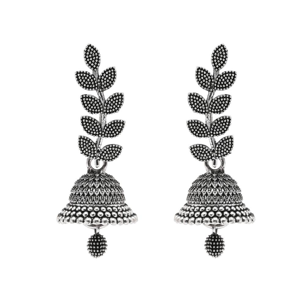 Etnico Silver Oxidised Leaf Design Jhumka Earring For Women (E3288OX)