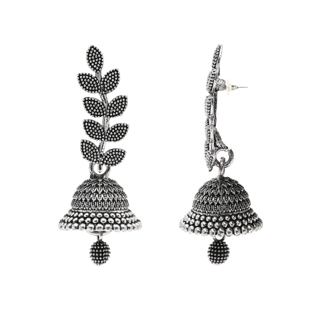 Etnico Silver Oxidised Leaf Design Jhumka Earring For Women (E3288OX)