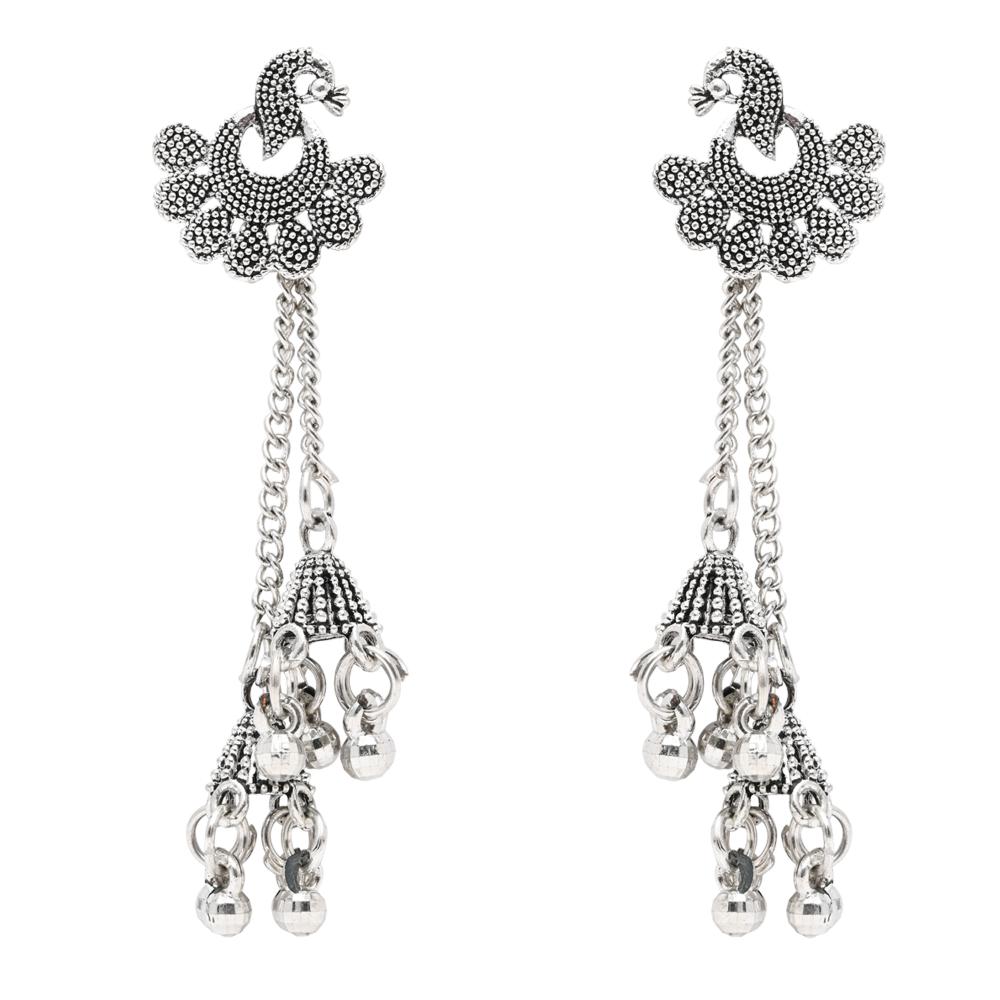 Etnico Silver Oxidised Peacock Design Ghungroo Earrings For Women (E3293OX)