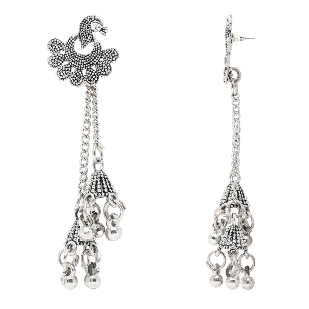 Etnico Silver Oxidised Peacock Design Ghungroo Earrings For Women (E3293OX)