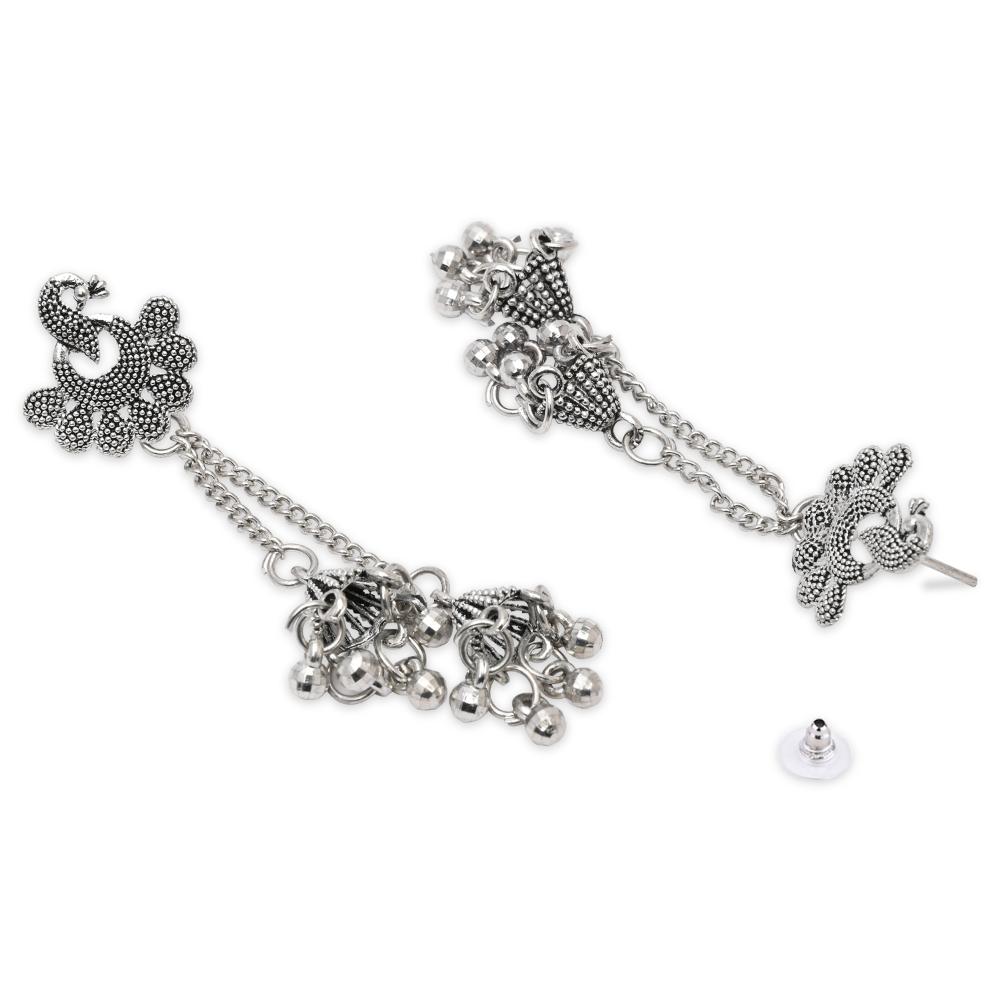 Etnico Silver Oxidised Peacock Design Ghungroo Earrings For Women (E3293OX)