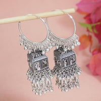 Etnico Silver Oxidised Afghani Style Boho Jhumka Earrings For Women (E3295OX)