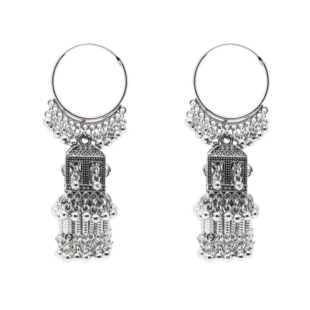 Etnico Silver Oxidised Afghani Style Boho Jhumka Earrings For Women (E3295OX)