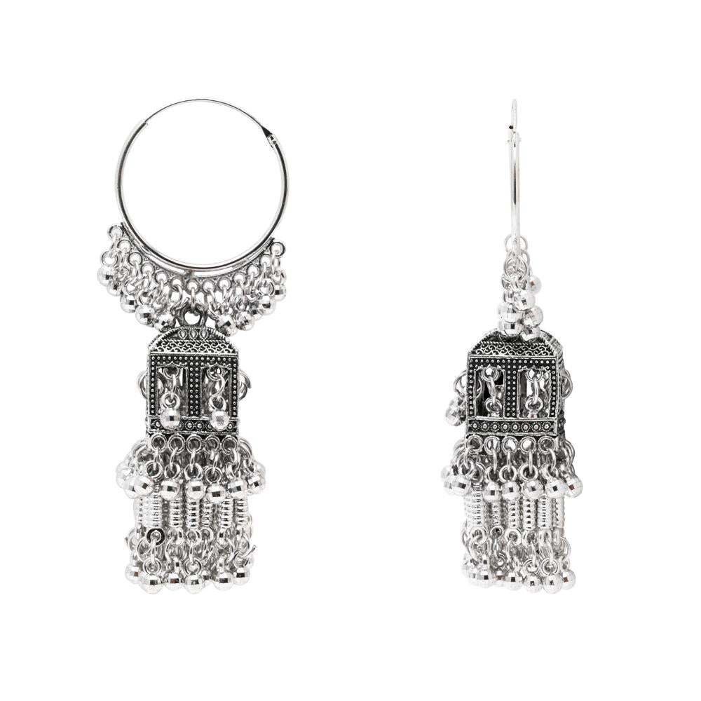 Etnico Silver Oxidised Afghani Style Boho Jhumka Earrings For Women (E3295OX)