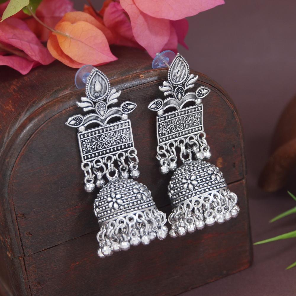 Etnico Silver Oxidised Afghani Style Dangle Jhumka Earrings For Women (E3308OX)