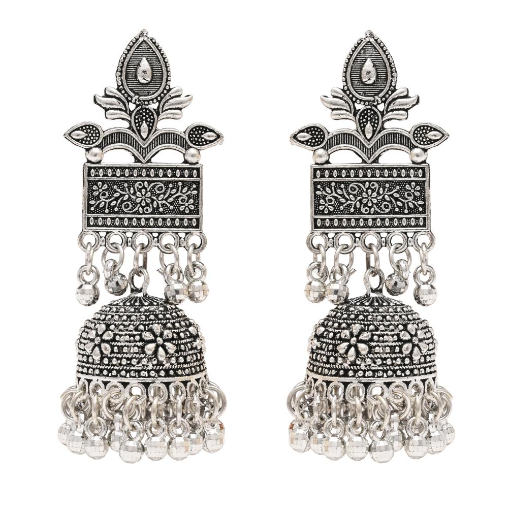 Etnico Silver Oxidised Afghani Style Dangle Jhumka Earrings For Women (E3308OX)