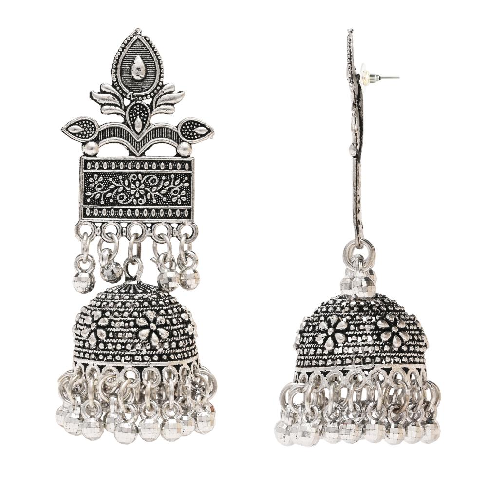 Etnico Silver Oxidised Afghani Style Dangle Jhumka Earrings For Women (E3308OX)