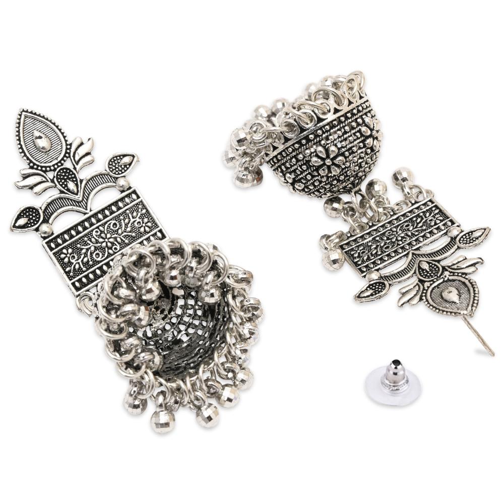 Etnico Silver Oxidised Afghani Style Dangle Jhumka Earrings For Women (E3308OX)