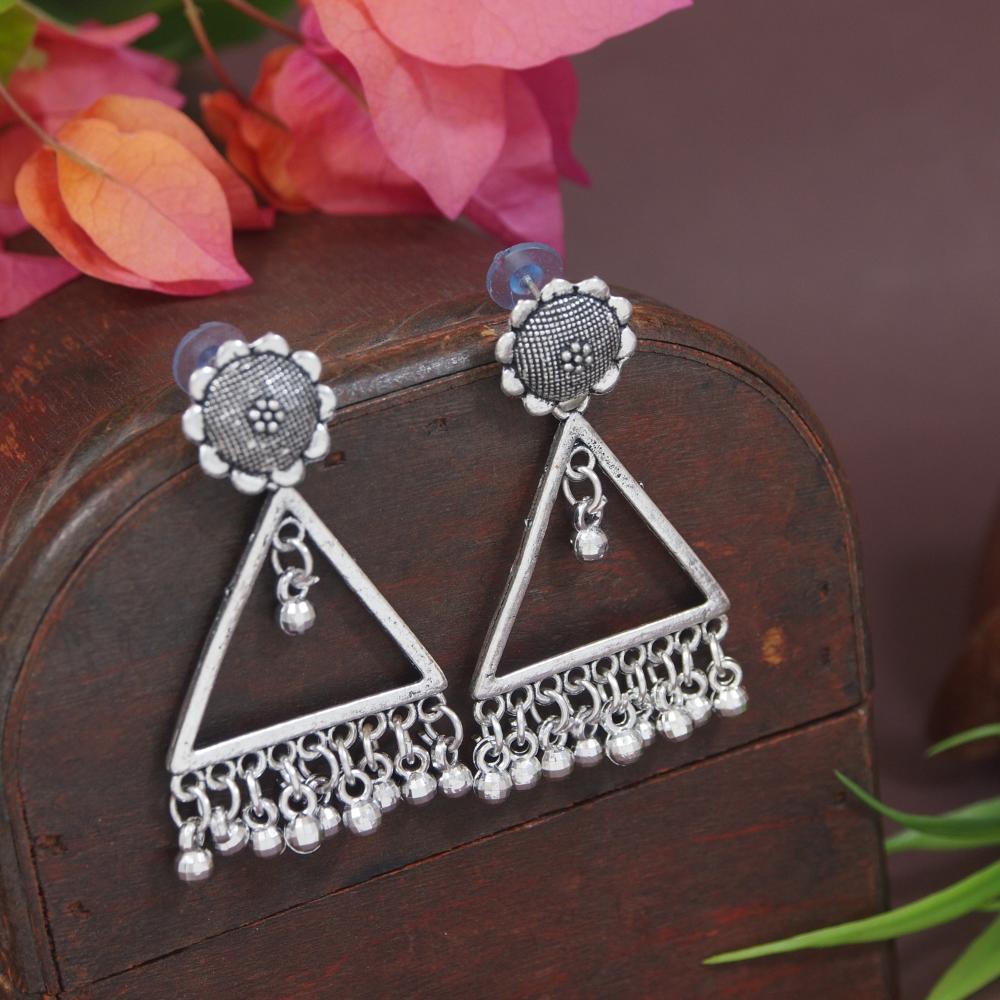 Etnico Silver Oxidised Triangle Shaped Dangle Earrings For Women (E3309OX)
