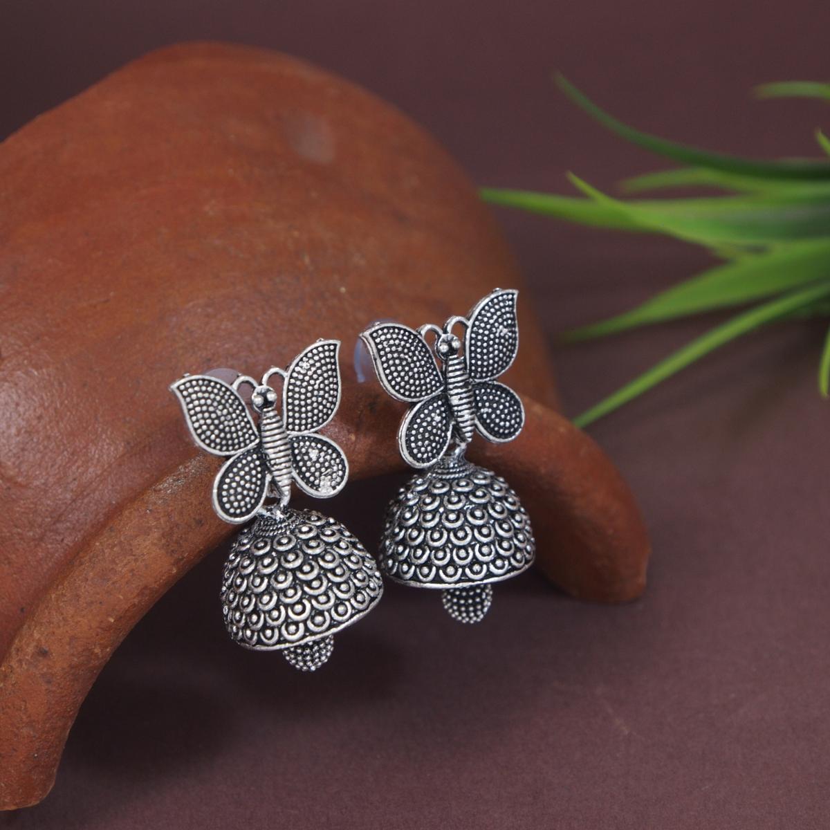 Etnico Traditional Stylish Fancy Silver Oxidised Afghani Jhumka Earrings Combo For Women