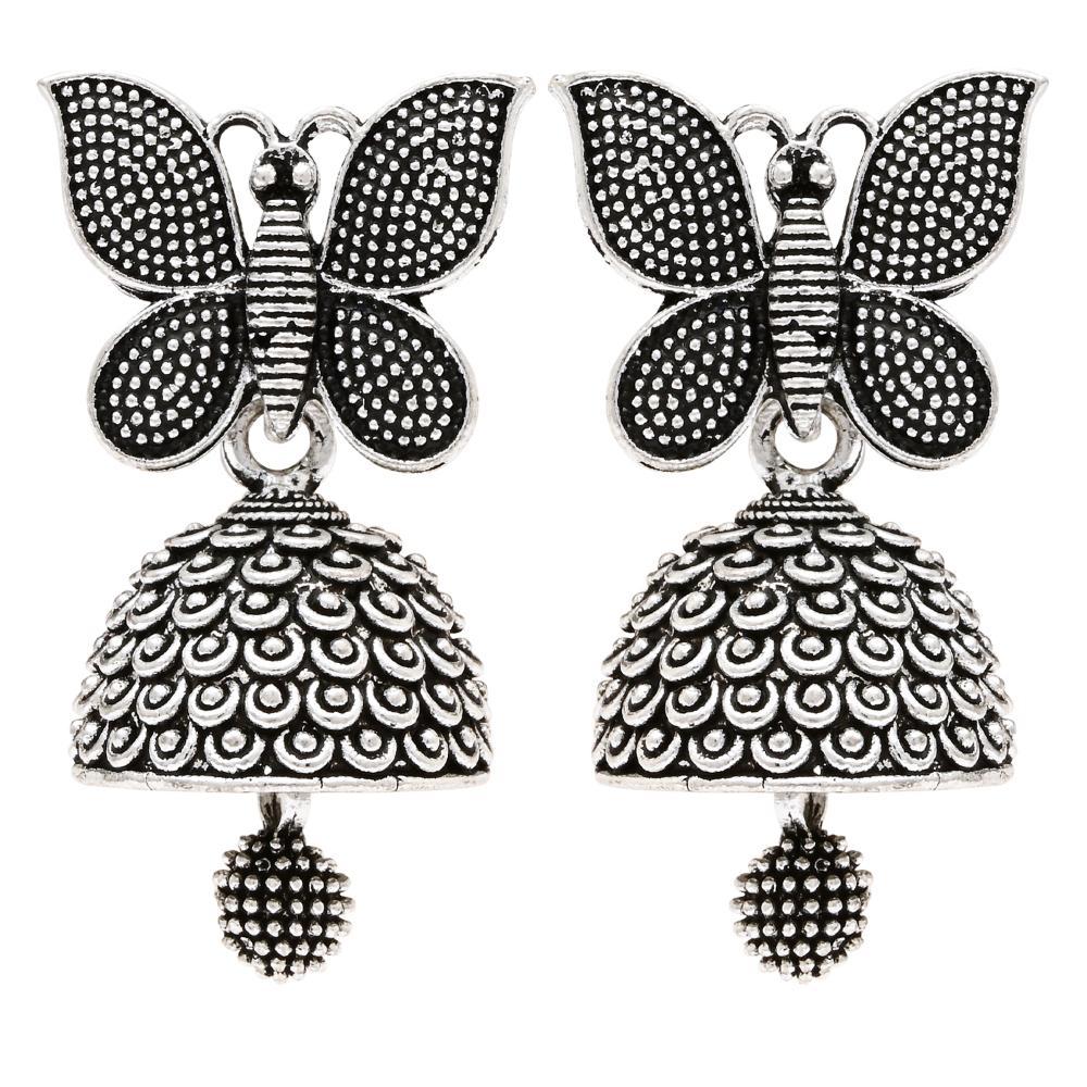 Etnico Silver Oxidised Butterfly Jhumka Earrings (E3310OX)