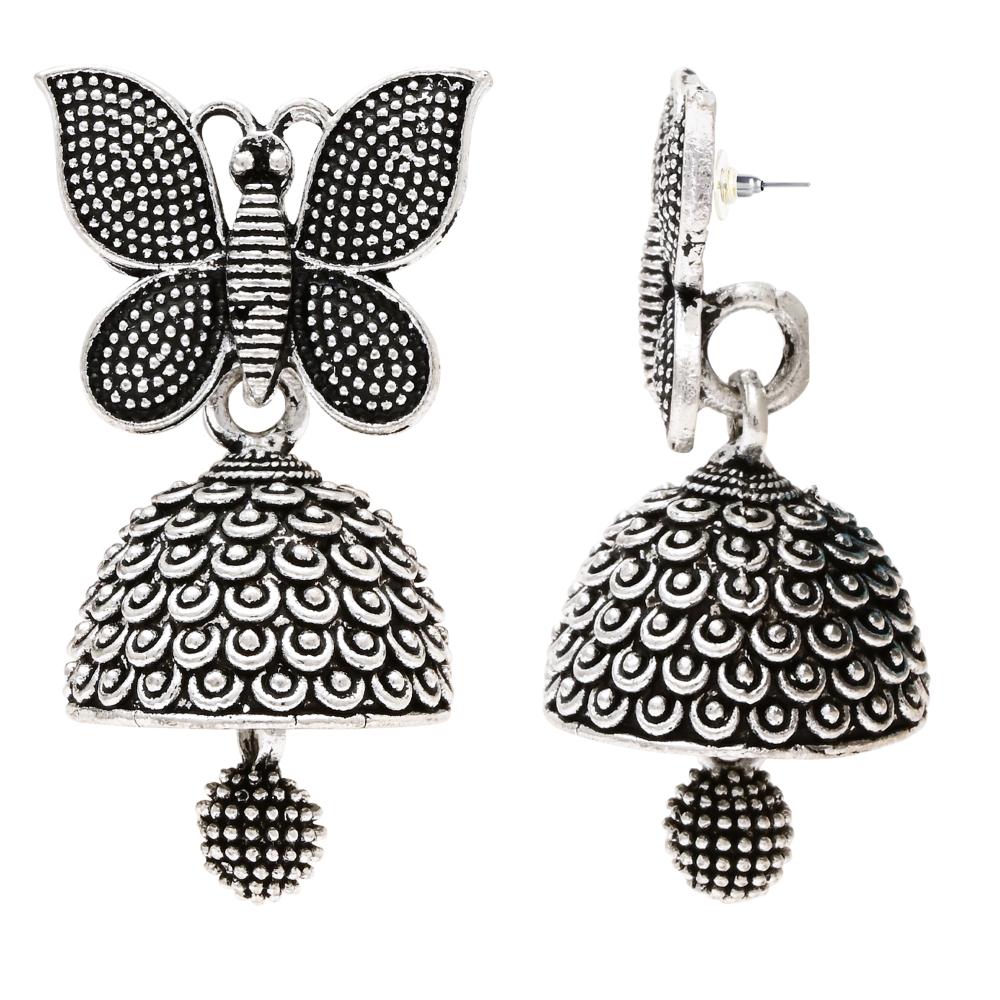 Etnico Silver Oxidised Butterfly Jhumka Earrings (E3310OX)