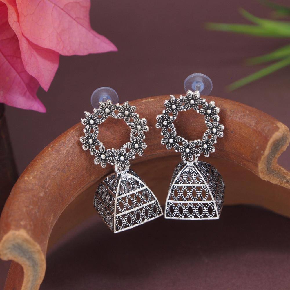 Etnico Silver Oxidised Afghani Jhumka Earrings For Women (E3312OX)