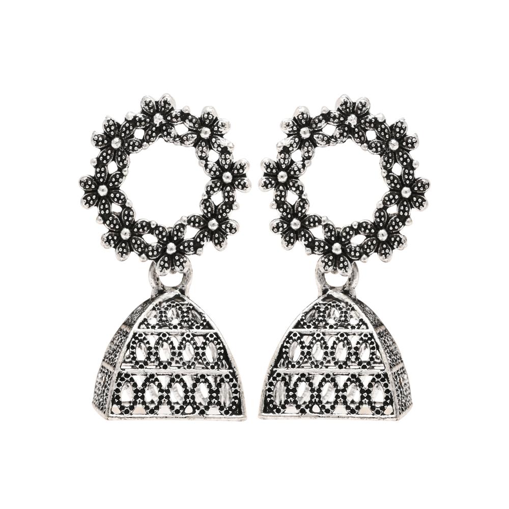 Etnico Silver Oxidised Afghani Jhumka Earrings For Women (E3312OX)