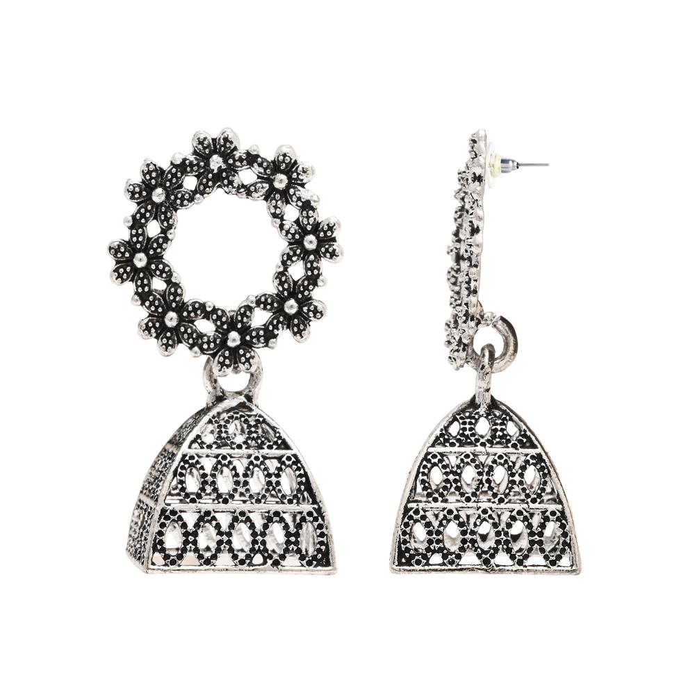 Etnico Silver Oxidised Afghani Jhumka Earrings For Women (E3312OX)
