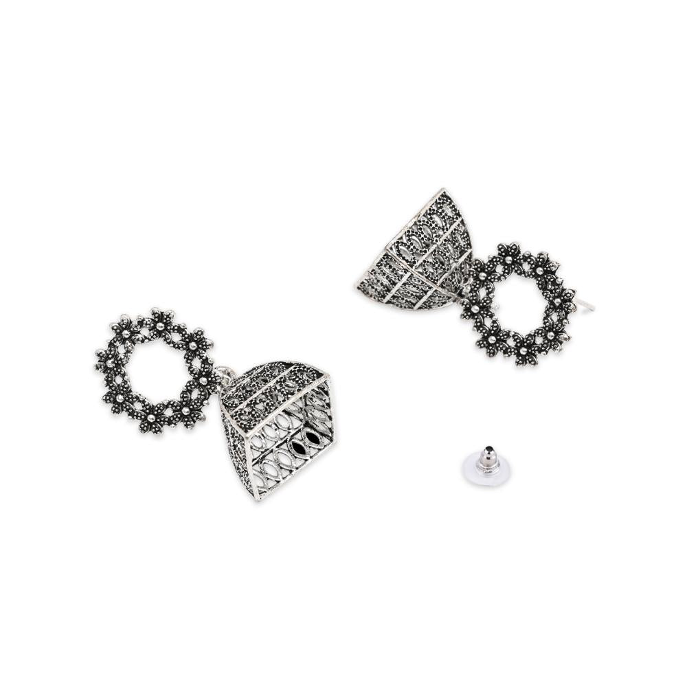 Etnico Silver Oxidised Afghani Jhumka Earrings For Women (E3312OX)