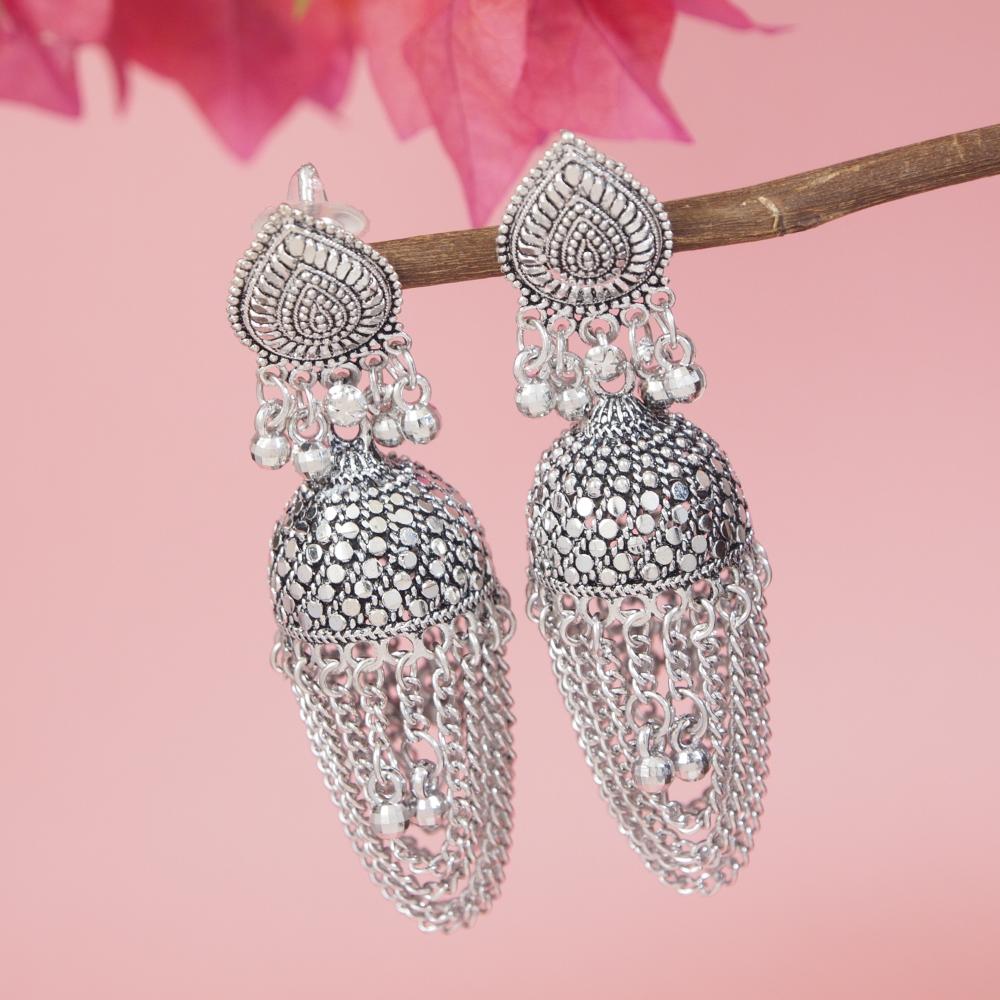 Etnico Silver Oxidised Afghani Style Jhumka Earrings For Women (E3315OX)