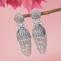 Etnico Silver Oxidised Afghani Style Jhumka Earrings For Women (E3315OX)