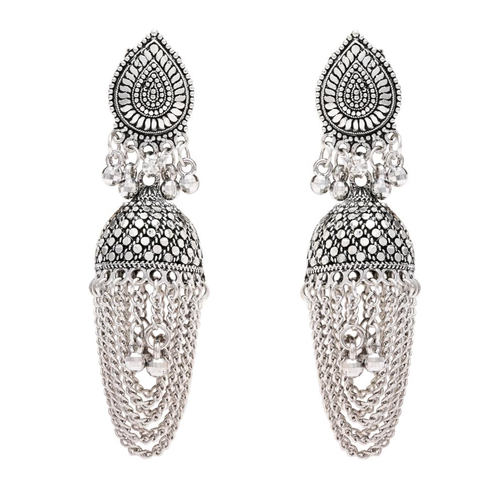 Etnico Silver Oxidised Afghani Style Jhumka Earrings For Women (E3315OX)
