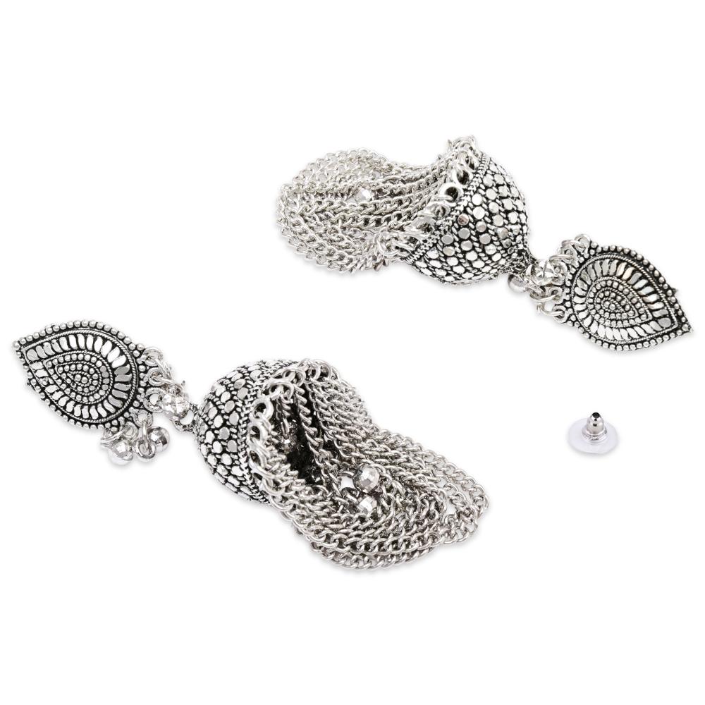 Etnico Silver Oxidised Afghani Style Jhumka Earrings For Women (E3315OX)
