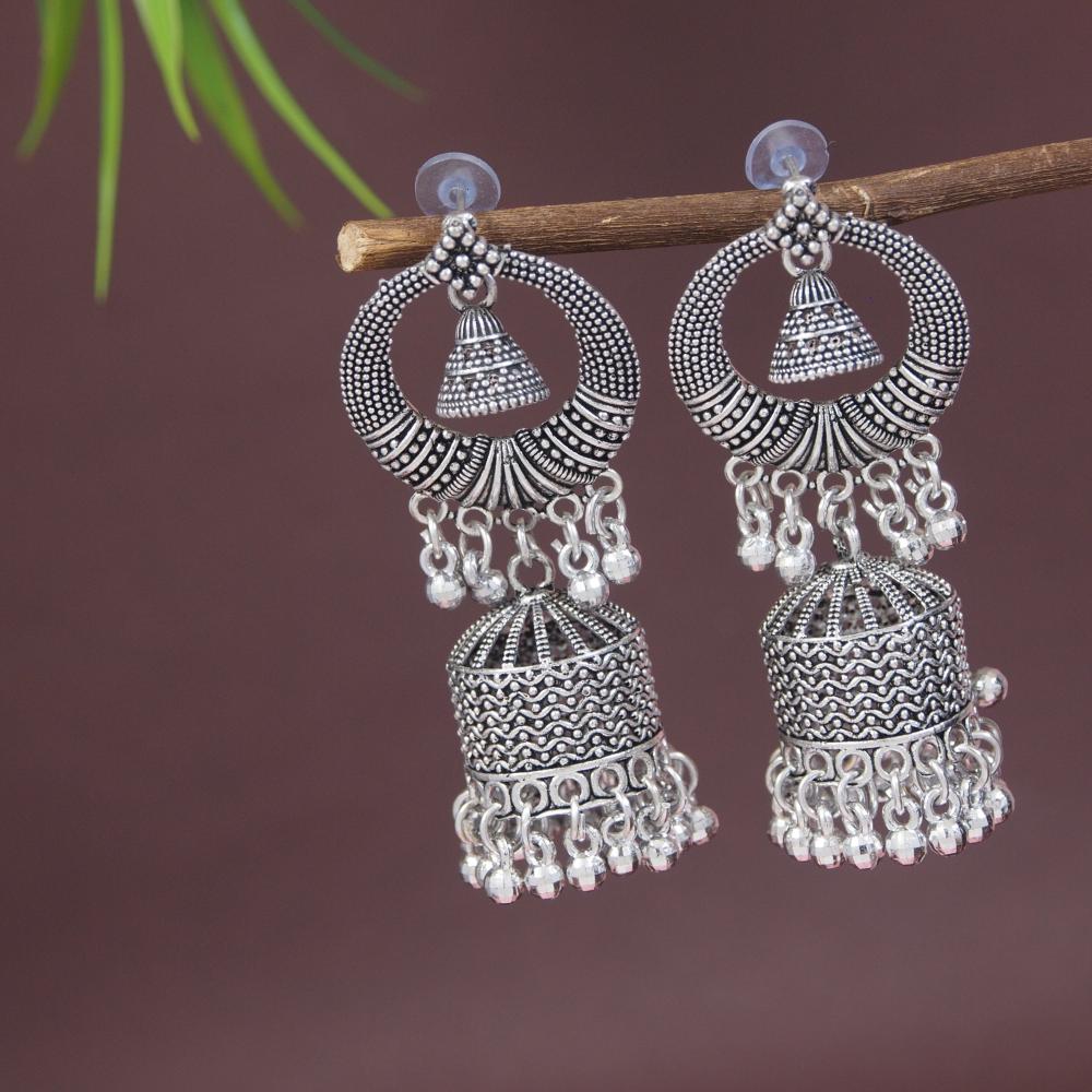 Etnico Silver Oxidised Afghani Style Dangle Jhumka Earrings For Women (E3316OX)