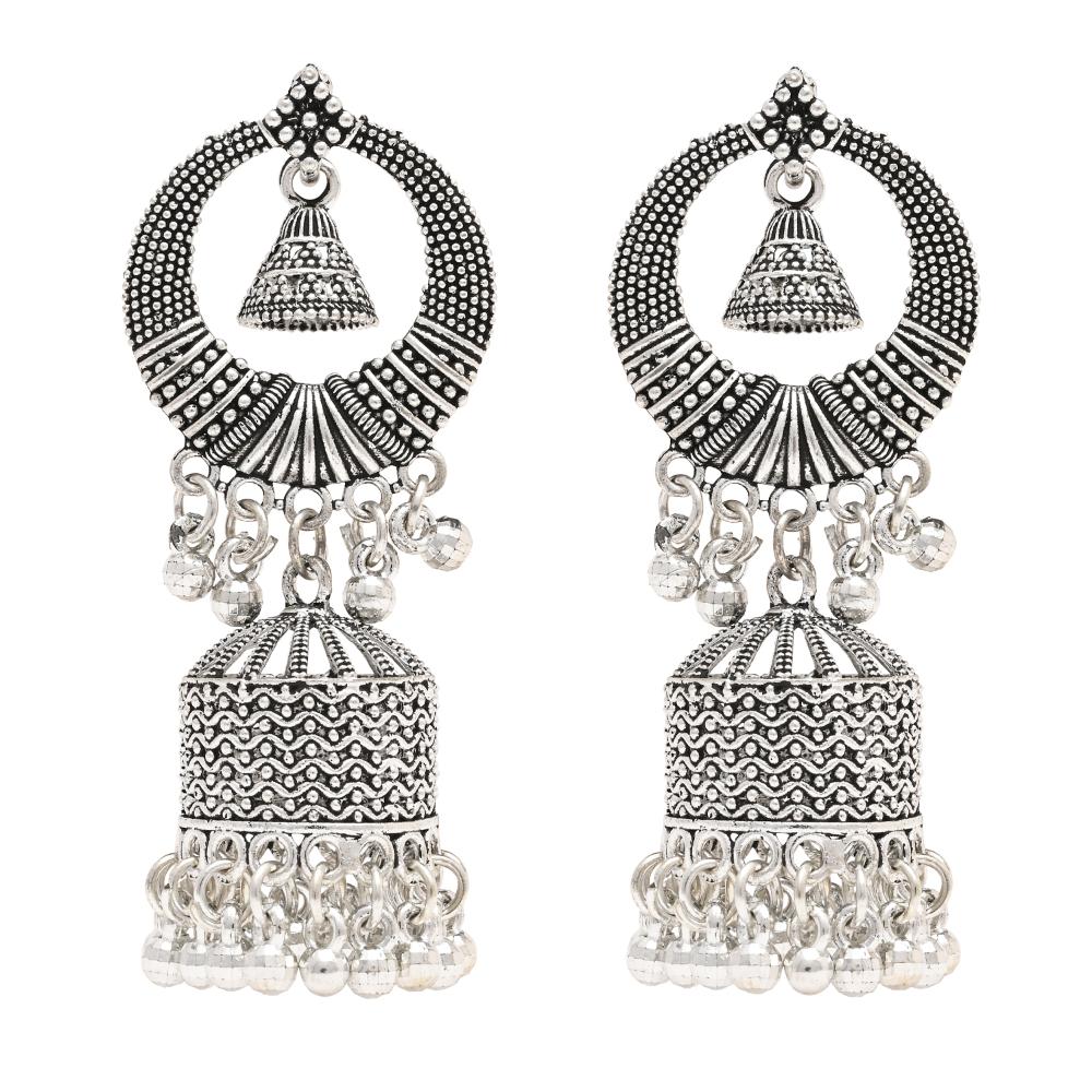 Etnico Silver Oxidised Afghani Style Dangle Jhumka Earrings For Women (E3316OX)