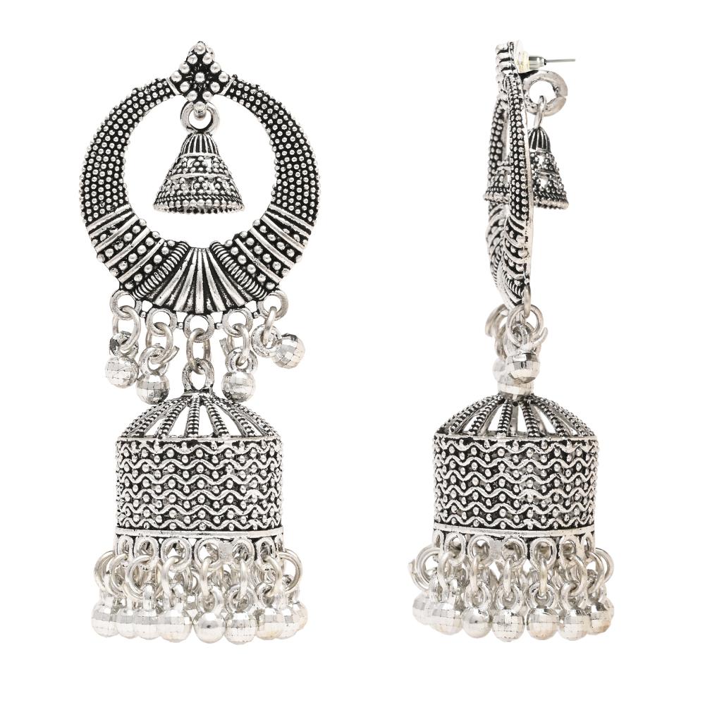 Etnico Silver Oxidised Afghani Style Dangle Jhumka Earrings For Women (E3316OX)