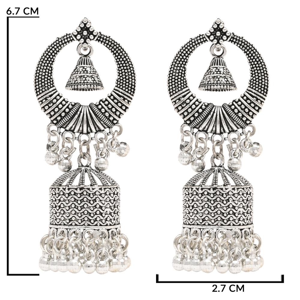 Etnico Silver Oxidised Afghani Style Dangle Jhumka Earrings For Women (E3316OX)
