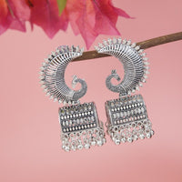 Etnico Silver Oxidised Afghani Peacock Jhumka Earrings For Women (E3317OX)