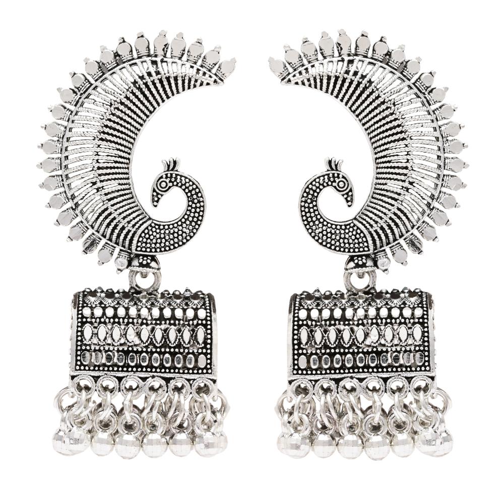 Etnico Silver Oxidised Afghani Peacock Jhumka Earrings For Women (E3317OX)