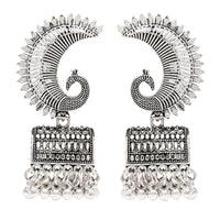 Etnico Silver Oxidised Afghani Peacock Jhumka Earrings For Women (E3317OX)
