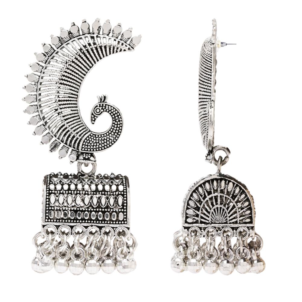 Etnico Silver Oxidised Afghani Peacock Jhumka Earrings For Women (E3317OX)