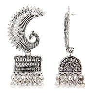 Etnico Silver Oxidised Afghani Peacock Jhumka Earrings For Women (E3317OX)