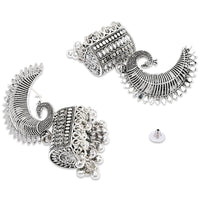 Etnico Silver Oxidised Afghani Peacock Jhumka Earrings For Women (E3317OX)