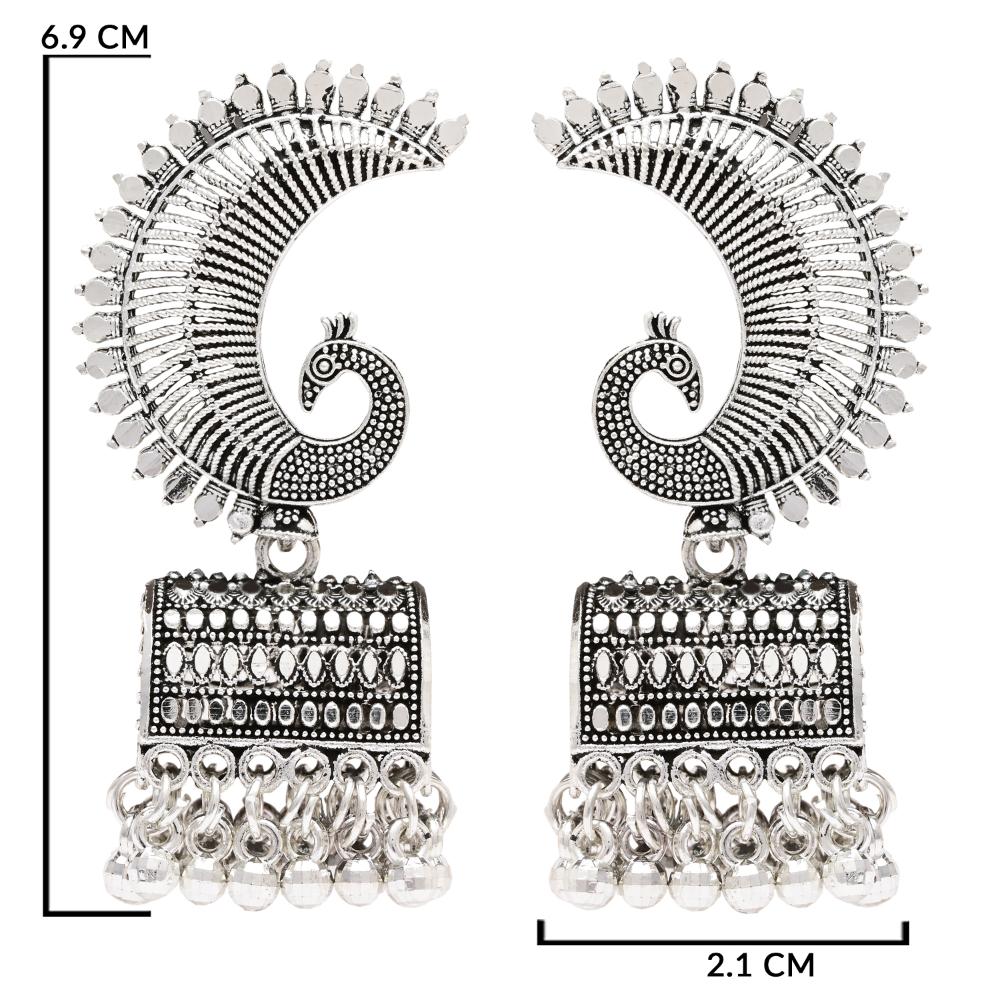 Etnico Silver Oxidised Afghani Peacock Jhumka Earrings For Women (E3317OX)