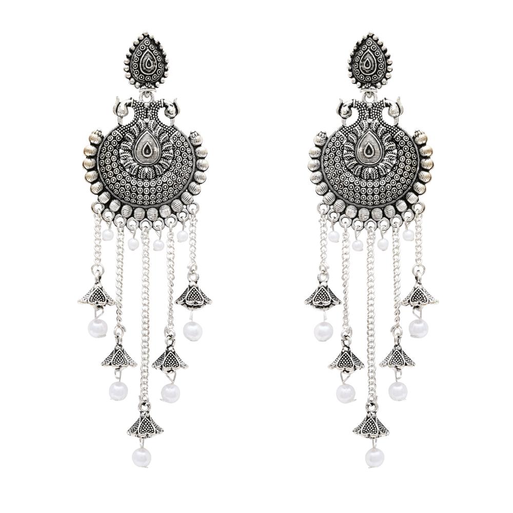 Etnico Silver Oxidised Multi Layered Dangle Jhumka Earrings For Women (E3319OX)