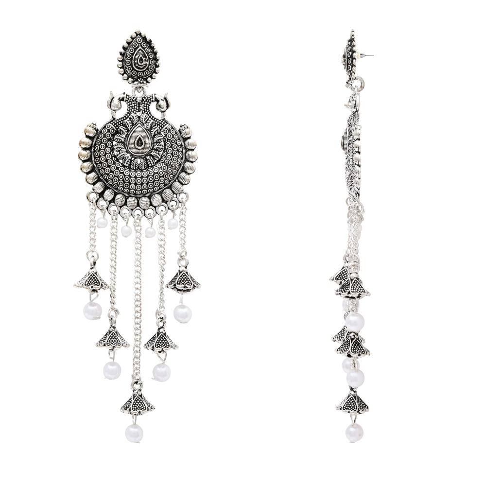 Etnico Silver Oxidised Multi Layered Dangle Jhumka Earrings For Women (E3319OX)