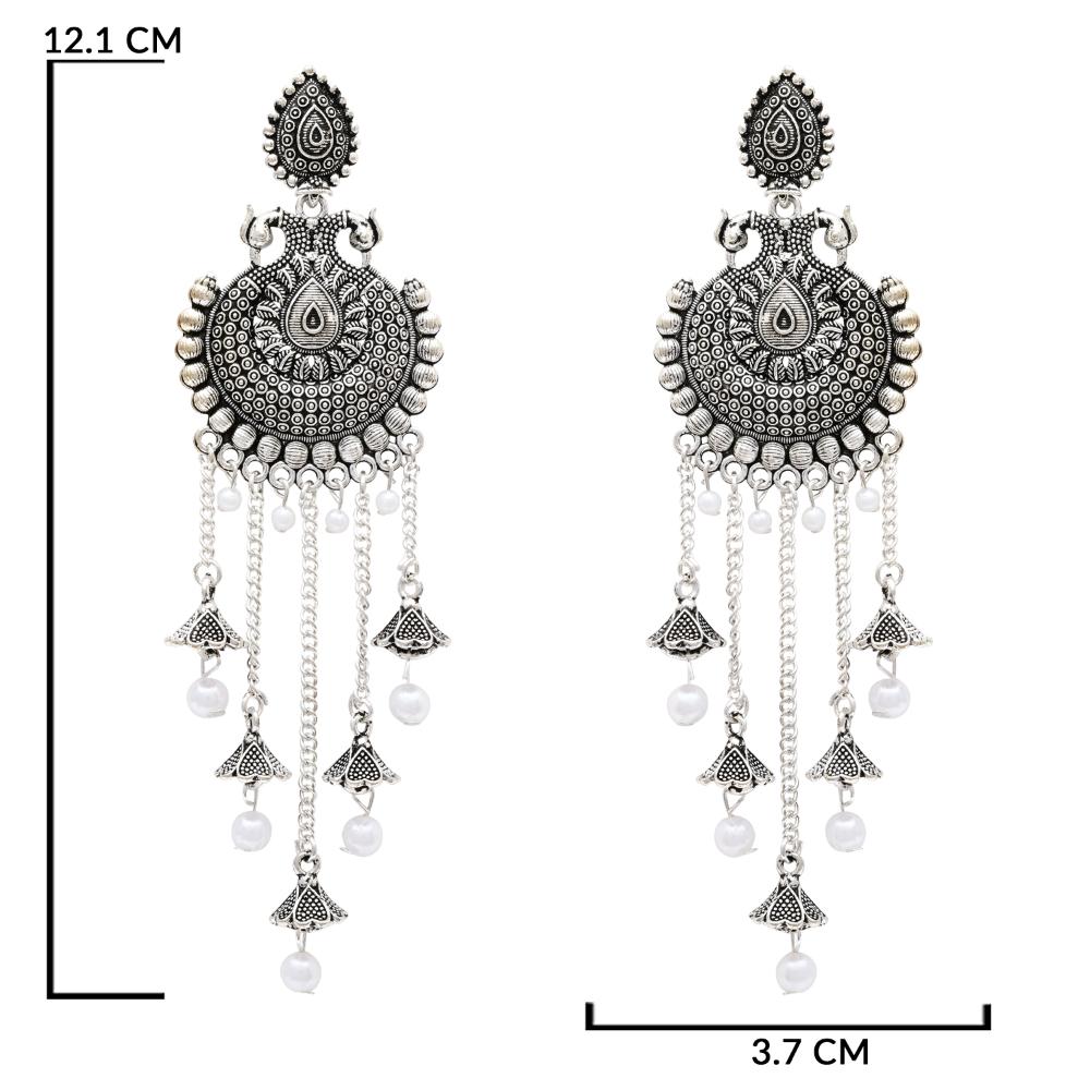 Etnico Silver Oxidised Multi Layered Dangle Jhumka Earrings For Women (E3319OX)