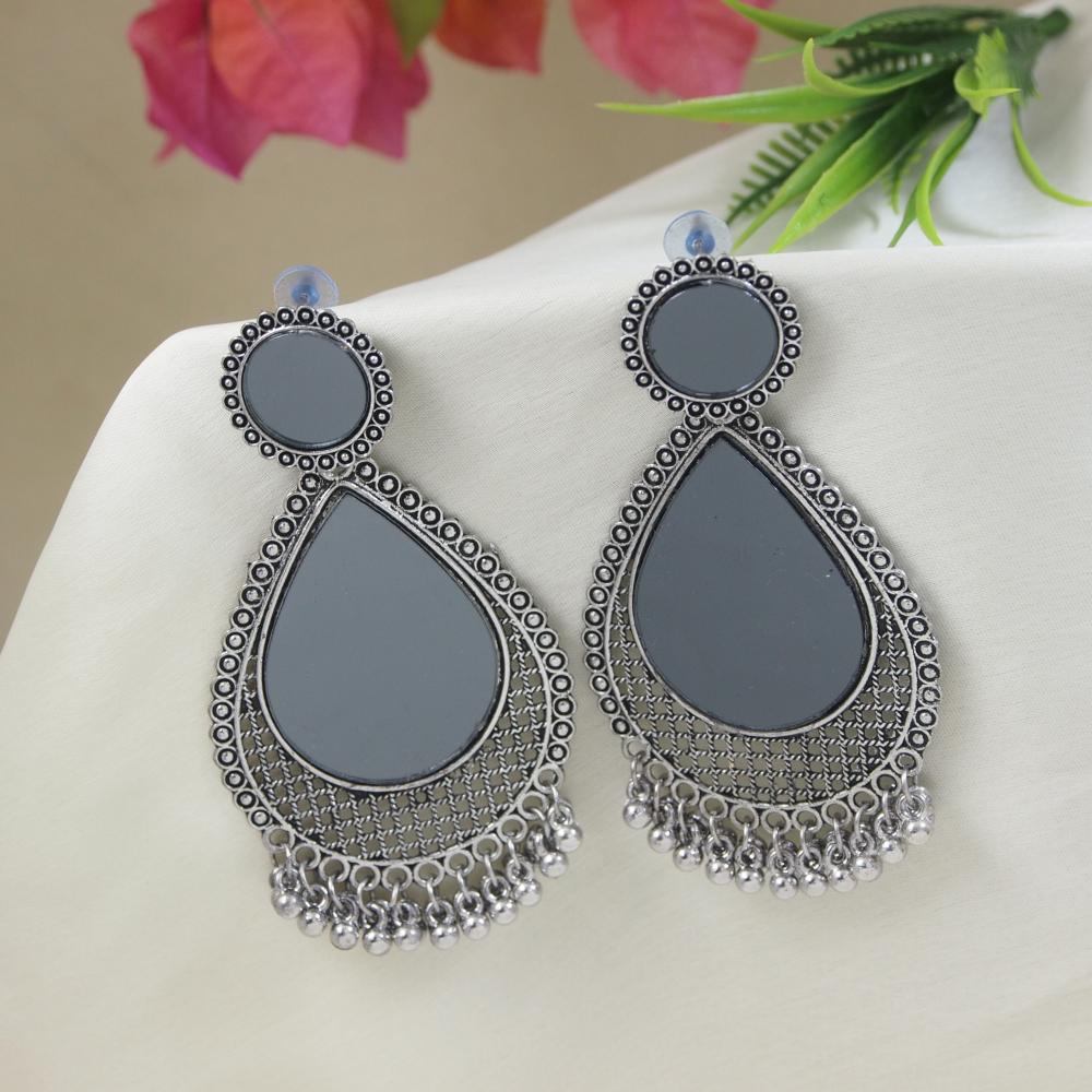 Etnico Silver Oxidised Teardrop Shaped Dangle Earrings For Women (E3320OX)